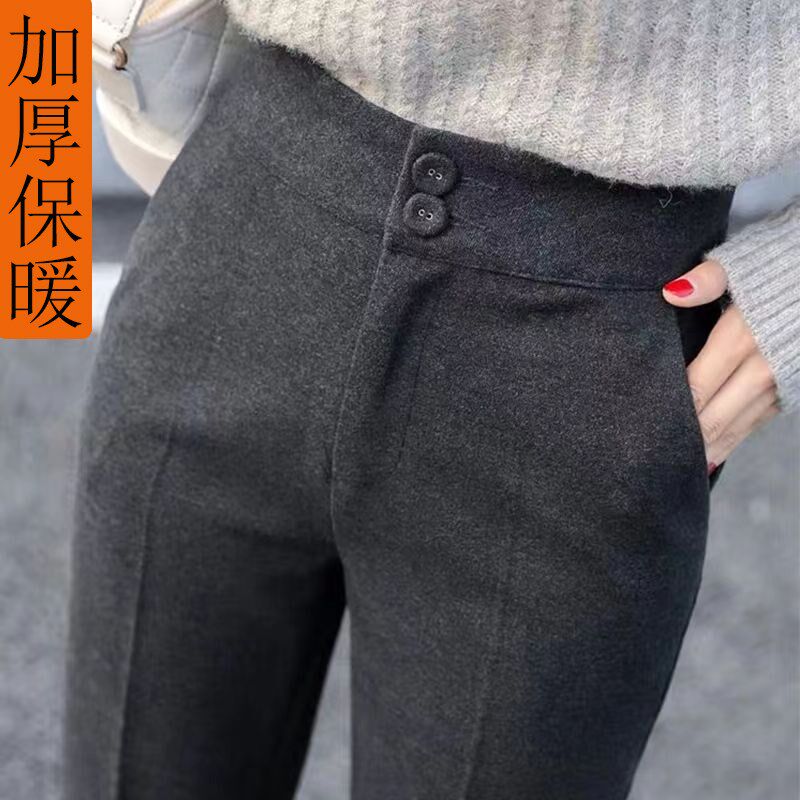 加厚保暖毛呢裤女土九分裤冬季新款休闲百搭高腰直筒烟管西装裤子