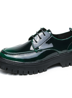 大头皮鞋男2023新款秋季绿色日系小众设L计感内增高厚底休闲德比