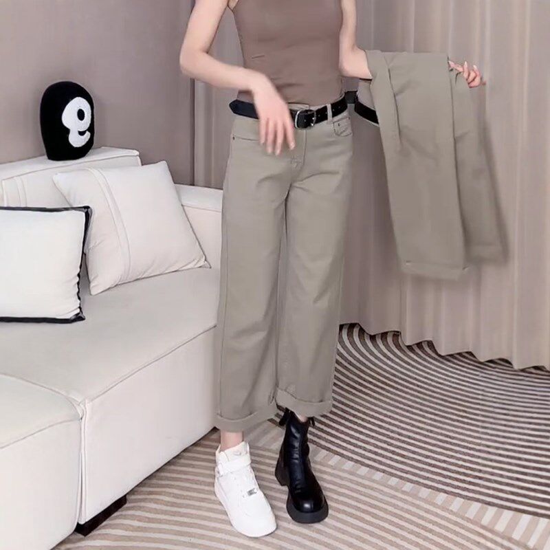 大码女装复古百搭直筒牛仔裤女春季新款高腰显瘦弹力九分阔腿裤子