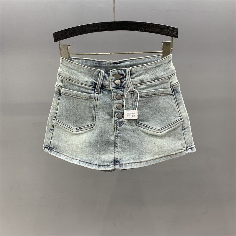 浅蓝色牛仔超短裤裙女2024春夏新款高腰修身显瘦a字包臀半身裙裤
