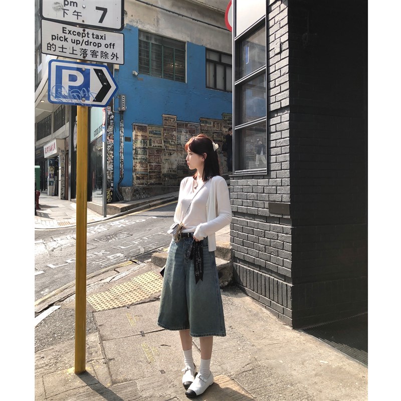 孔一粒 复古水洗牛仔短裤女春季新款高腰宽松直筒阔腿五分中裤子