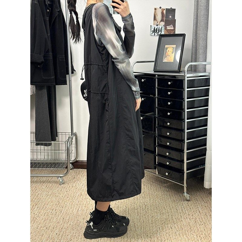 春季新款黑色工装机能风背心裙大码胖mm梨型遮肚拉链背带连衣长裙