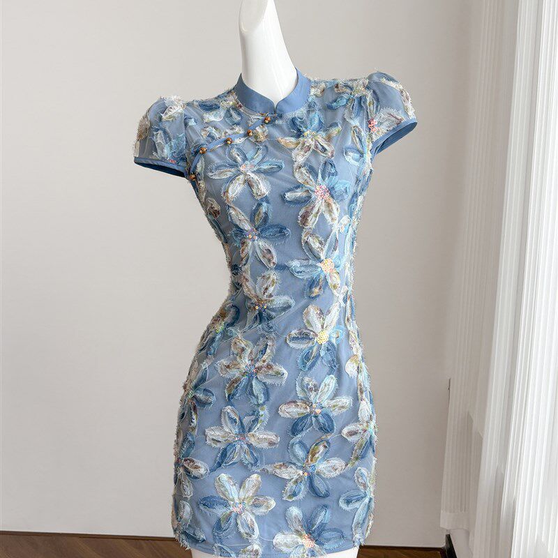 蓝色新中国风改良旗袍连衣裙女士夏季短裙复古设计经典连衣裙裙