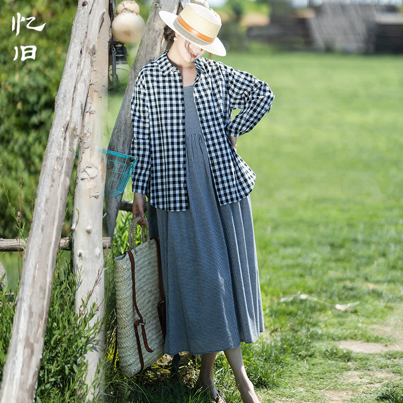【星回】文艺黑白格子衬衣纯棉无袖吊带连衣裙女2024年夏季两件装