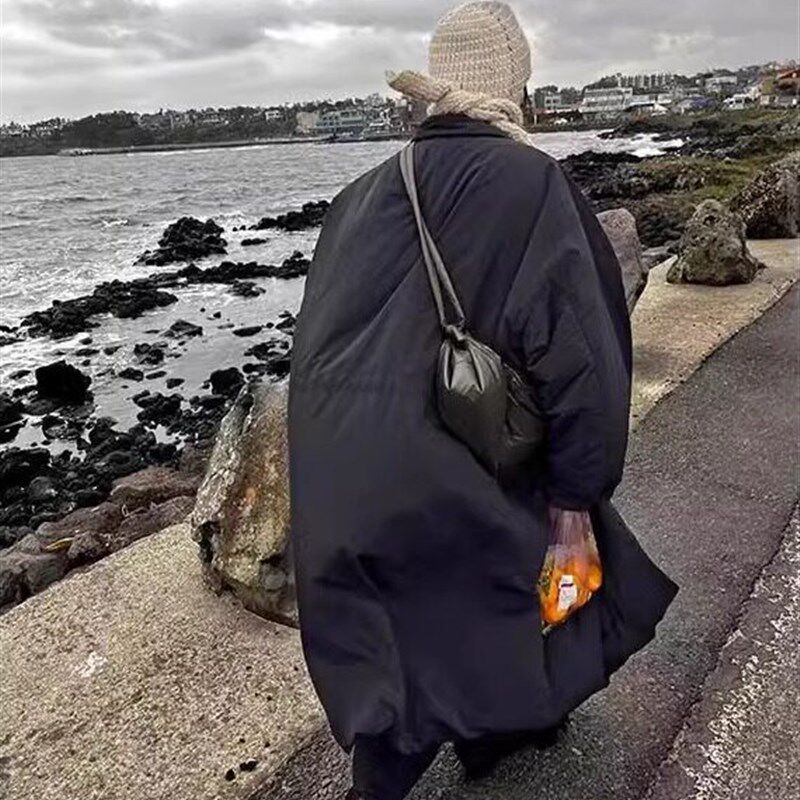 柒壹壹中长款黑色棉衣外套女冬季新款覆古宽松大码保暖长棉服棉袄