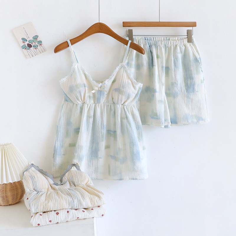 带胸垫吊带睡衣套装女生夏季薄款纯棉纱布甜美背心短裤家居服全棉