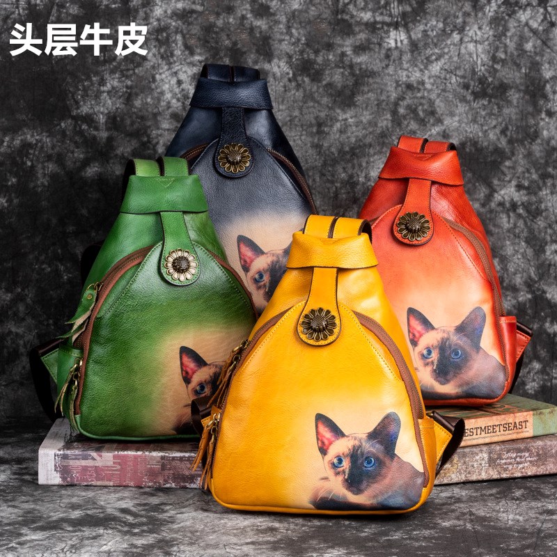 手绘双肩包女真皮小众设计时尚彩色植鞣头层牛皮洋气百搭小背包潮