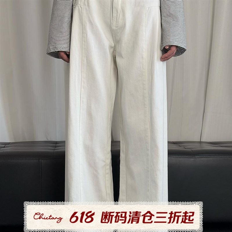 0402韩系白色高腰宽松直筒阔腿工装牛仔裤女拖地长裤子恭呐F
