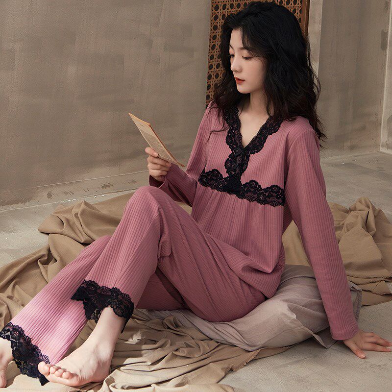 睡衣女士秋冬季长袖纯棉蕾丝花边家居服春秋款大码可外穿薄款套装