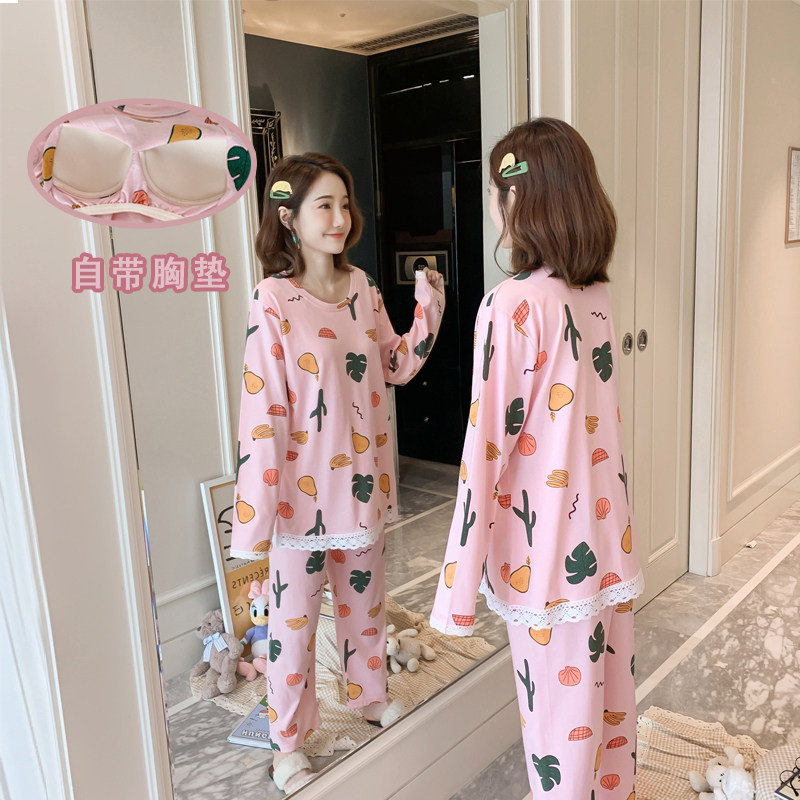 睡衣春秋款冬季纯棉长袖带胸垫卡通少女大码可外穿学生家居服套装