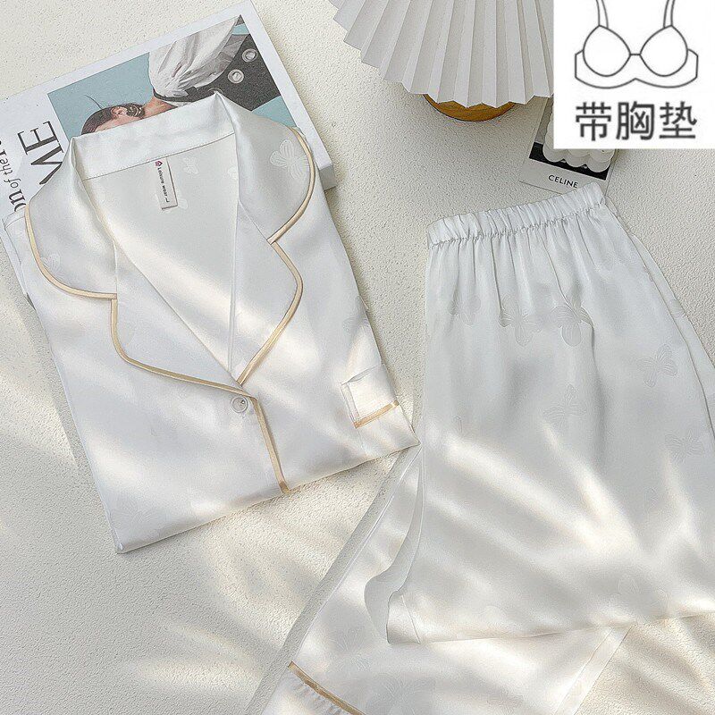 带胸垫冰丝睡衣女夏季长袖套装春秋薄款丝绸中青年家居服大码韩版
