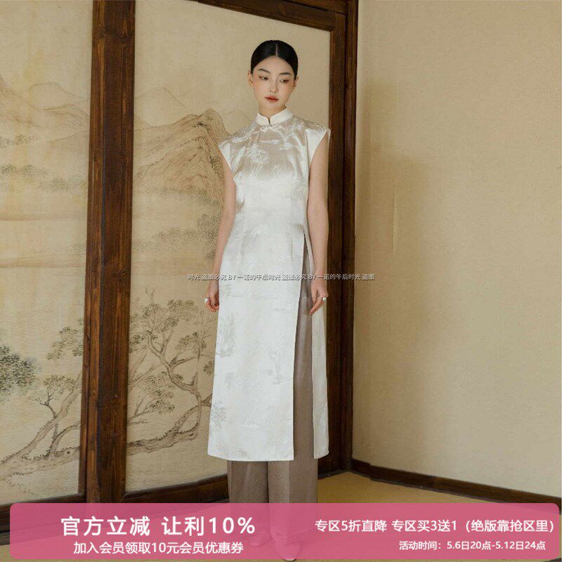新中式上衣盘扣衬衫仿醋酸复古长袖衫2461国风白色暗纹改良旗袍裙