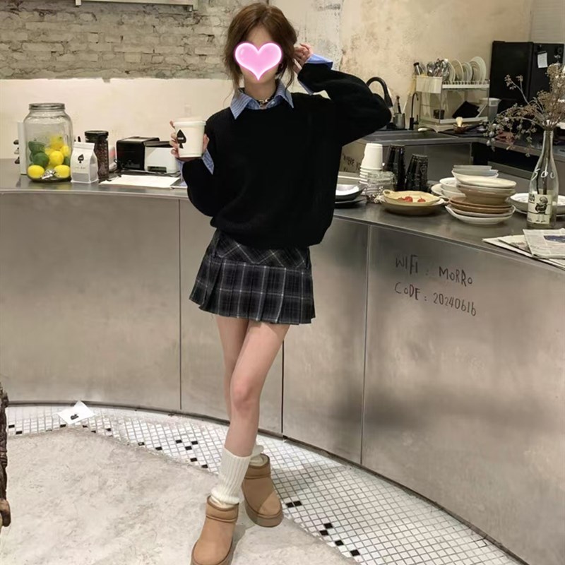 秋冬装搭配一整套韩系高级感穿搭减龄学院风假两件毛衣短裙套装女