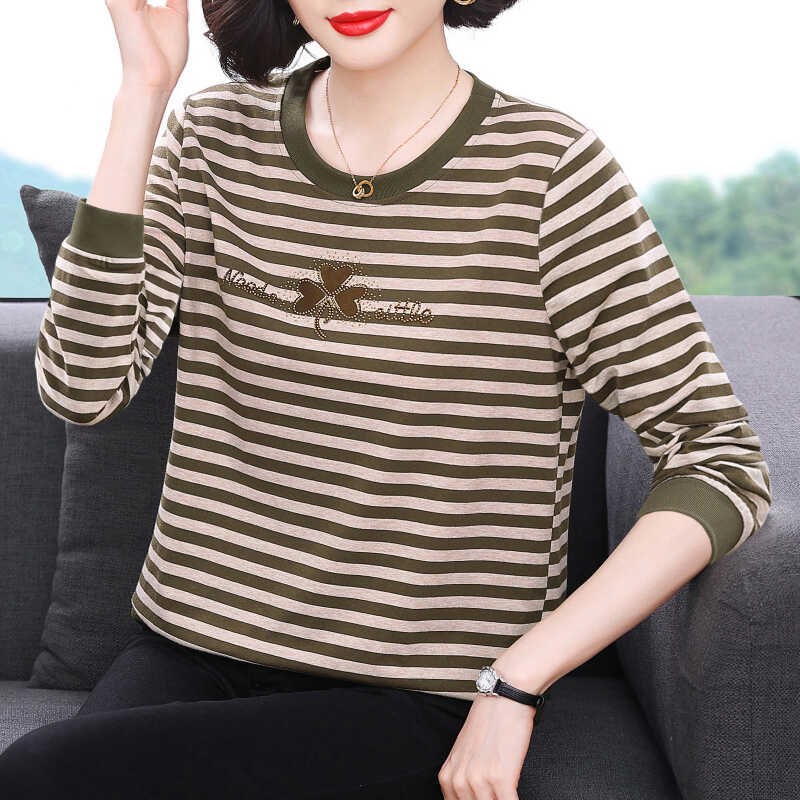 条纹长袖t恤女 2024新款秋衣外穿百搭上衣中老年人妈妈纯棉打底衫