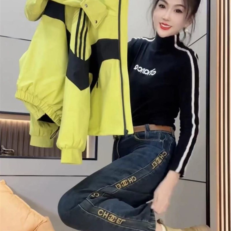 短款连帽薄棉服女春季新款韩版宽松拼接撞色夹棉冲锋衣棒球服夹克