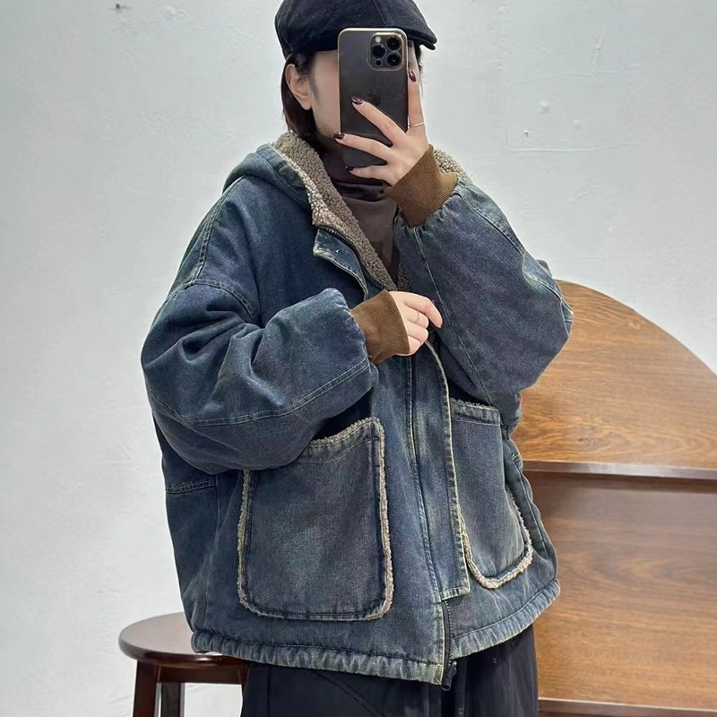 2024年冬季新款牛仔双面穿颗粒绒休闲百搭连帽加厚款棉服外套女