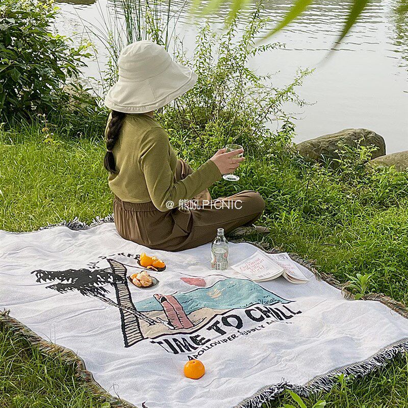 熊吼 落日岛小众野餐布 加厚双面露营针织桌布春游沙滩垫户外地毯
