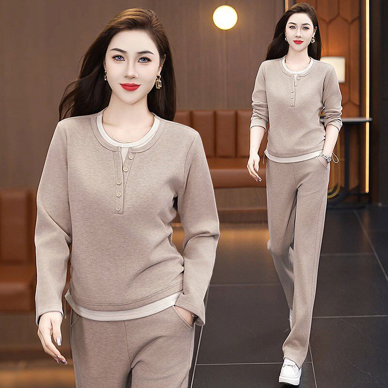 休闲运动服套装女春秋2025早春新款时尚洋气时髦假两件羊绒卫衣