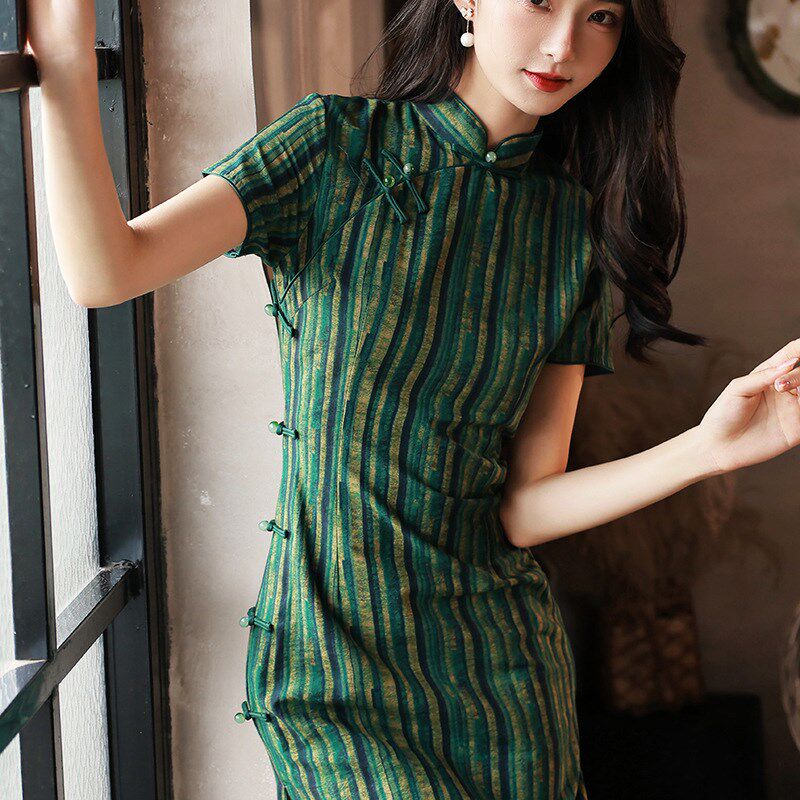 条纹旗袍中长款少女改良连衣裙春夏装日常大码礼服文艺民国老上海