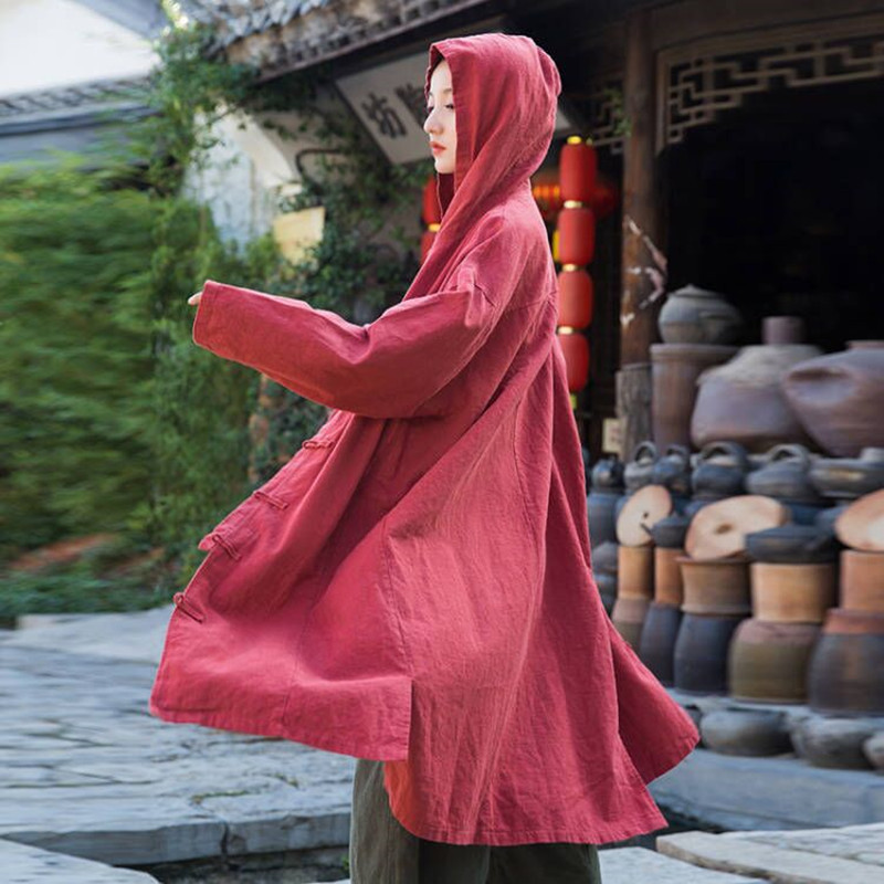 苎麻连帽风衣女春秋新款唐装中国风禅意披风砂洗复古盘扣外衣外套