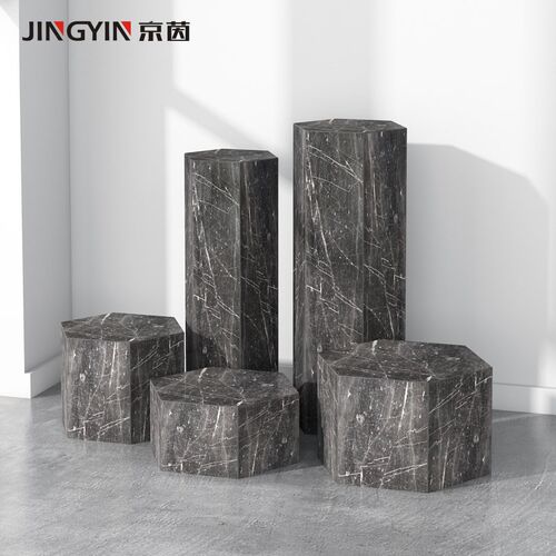 京茵意式极简天然大理石底座样板E房客厅六边形边几玄关花架摆件