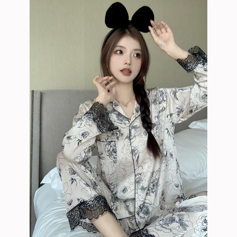 高级感蕾丝边睡衣女春夏天冰丝薄款长袖长裤玫瑰花丝绸家居服套装