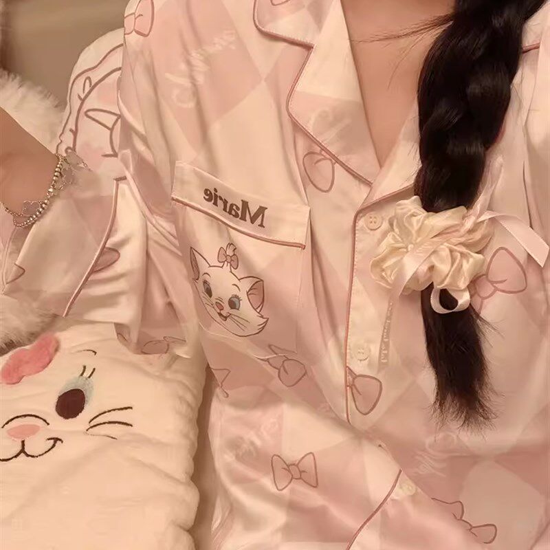 粉色少女睡衣春秋款冰丝长袖冰雪丝绸可爱猫咪大学生春夏款家居服