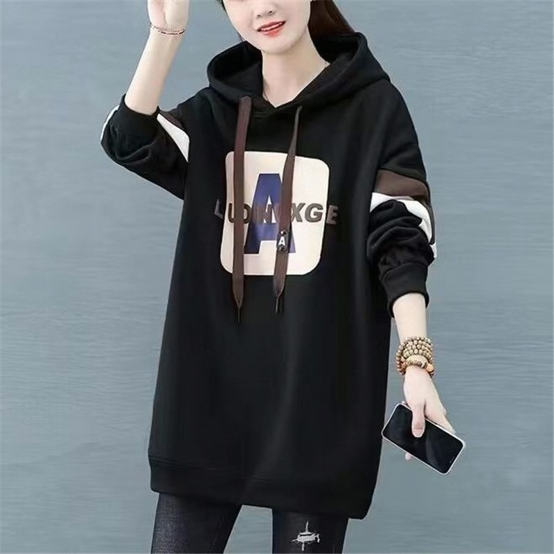 猫柚秋冬季加绒加厚连帽卫衣女中长款洋气撞色印花宽松外穿上衣潮