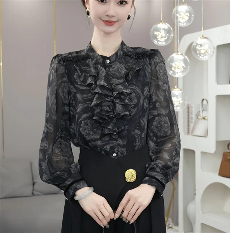 2024春秋季新款洋气雪纺小衫女士长袖荷叶边小衫遮肚显瘦上衣百搭