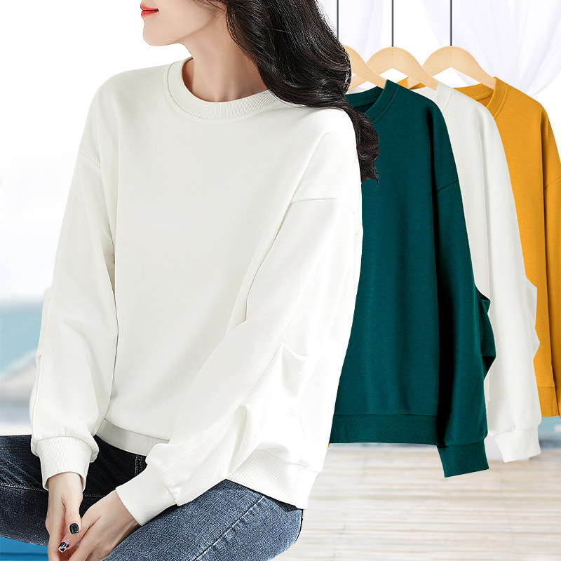 宽松卫衣女韩版bf慵懒风2024春秋新款圆领套头大码白色长袖t恤女