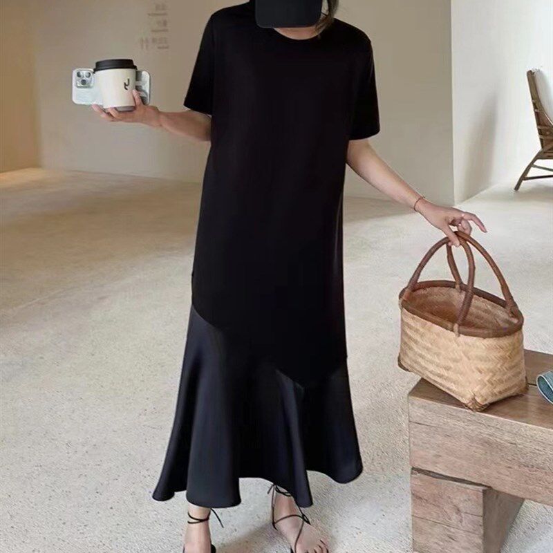 法式复古休闲显瘦减龄长款t恤裙纯色圆领不规则裙摆短袖连衣裙潮
