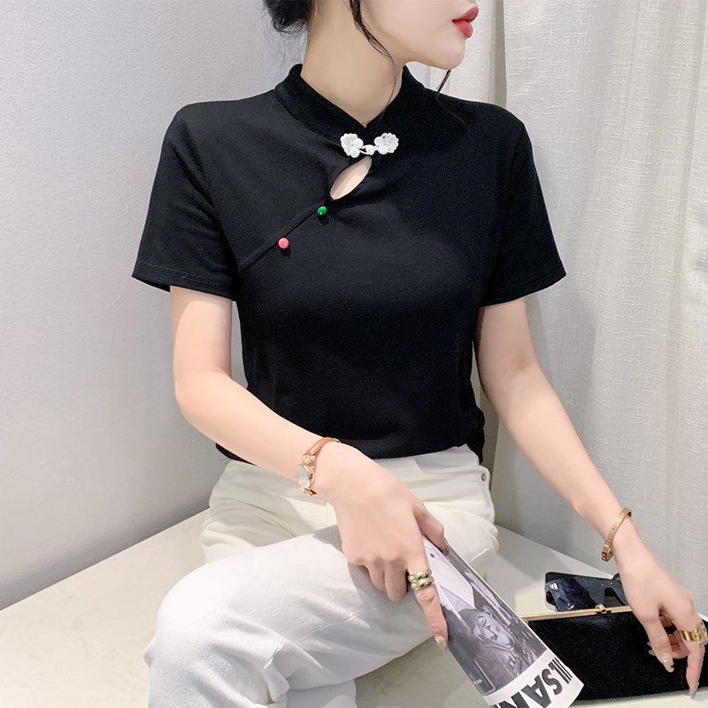 中国风立领T恤女短袖夏装设计感复古盘扣上衣修身显瘦洋气小衫潮