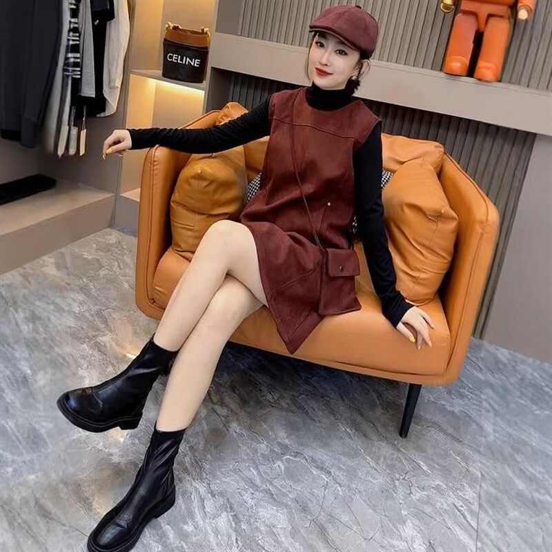 欧货洋气时尚套装女秋季立领长袖T恤女复古马甲背心连衣裙两件套