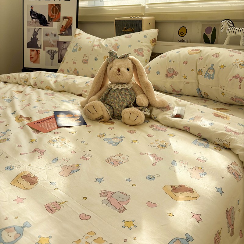 纸杯小猫床上用品四件套全棉小卡通H床单被套学生宿舍三四件套