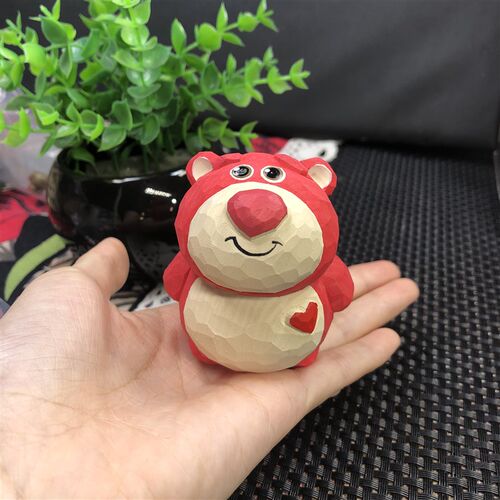 木雕实木彩绘草莓m熊摆件手把车载礼品可爱木雕手工高约8cm