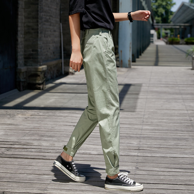 浅军绿色裤子女夏季薄款大码工装裤女小个子胖mm束脚运动休闲九分