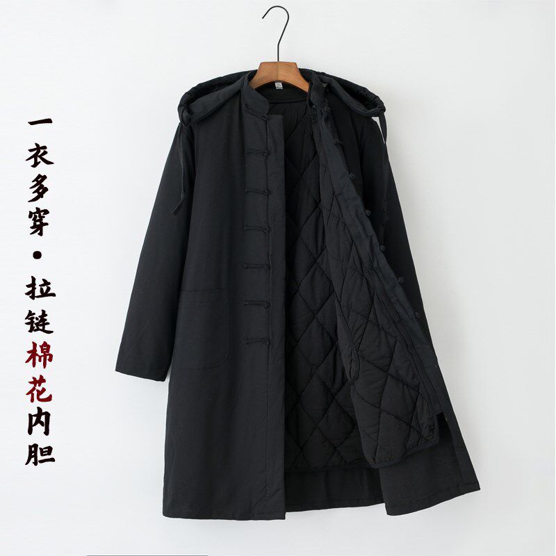 中长款棉袄冬季加厚棉花棉袄唐装男棉服保暖大衣连帽长款棉衣男