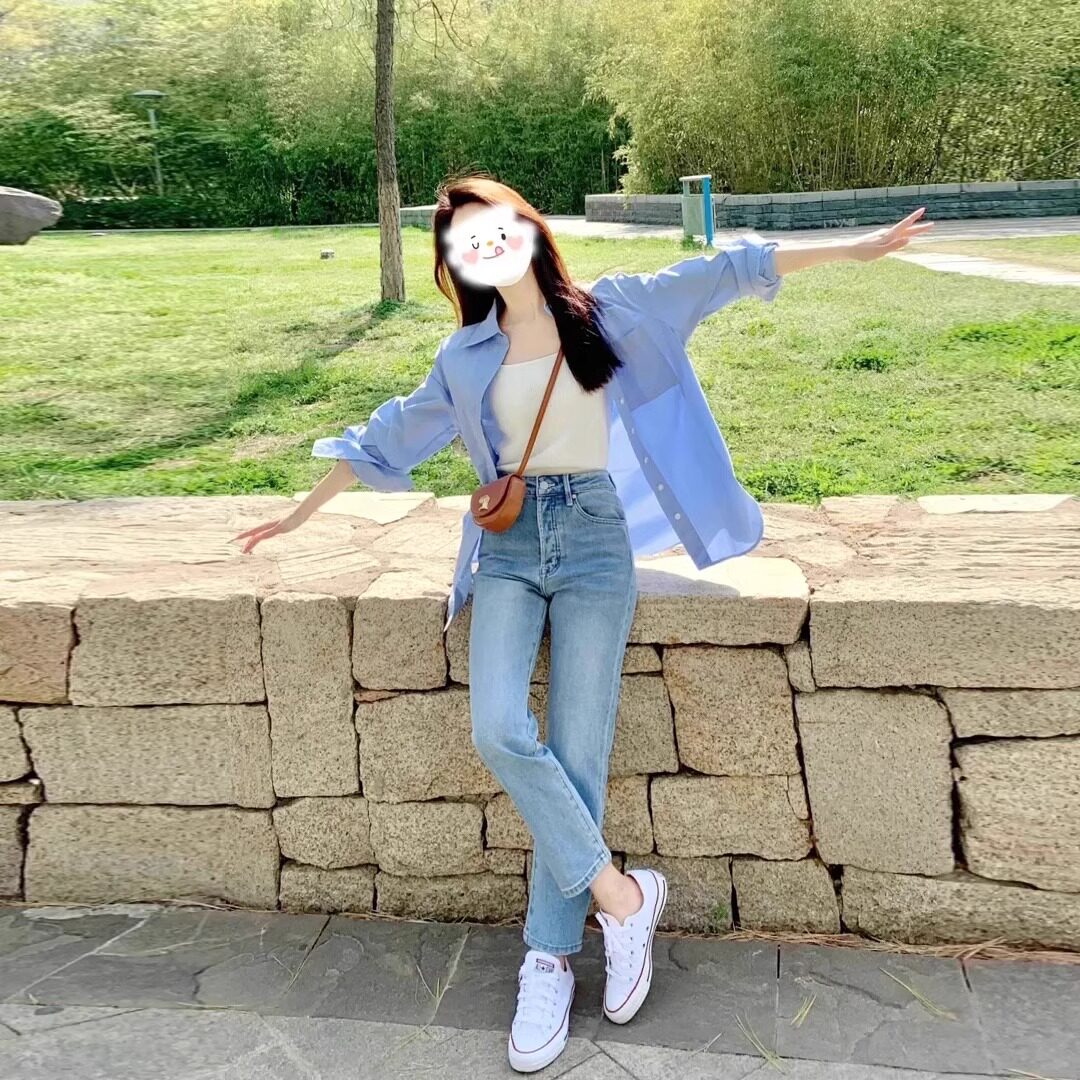 浅蓝直筒牛仔裤女夏季薄款高腰显瘦小个子九分法棍裤弹力烟管裤子