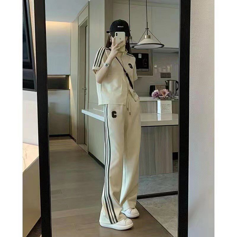 2024韩版夏季时尚小个子休闲运动套装女修身显瘦短款阔腿裤两件套