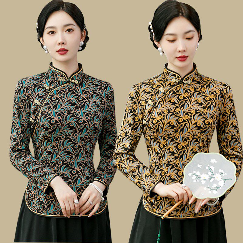春秋新款高档复古斜开旗袍上衣套装中式唐装气质妈妈装长袖两件套