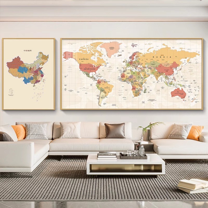 中国世界地图客厅装饰画沙发背景墙挂画公司办公会议室双墙联壁画