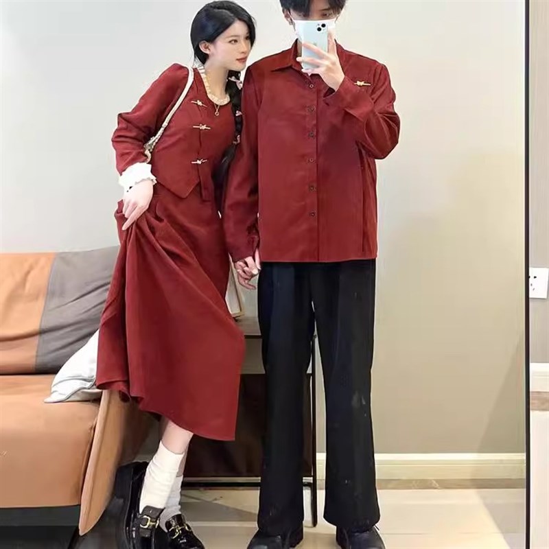 法式情侣装春秋季一裙一衣衬衫w红色假两件小众设计感2025新款高
