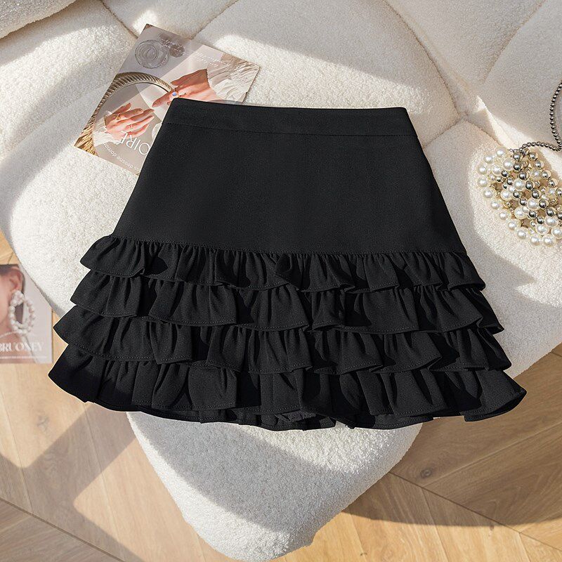 时尚大码西装半身裙女夏2025新款蛋糕裙短裙高腰A字裙半裙荷叶边