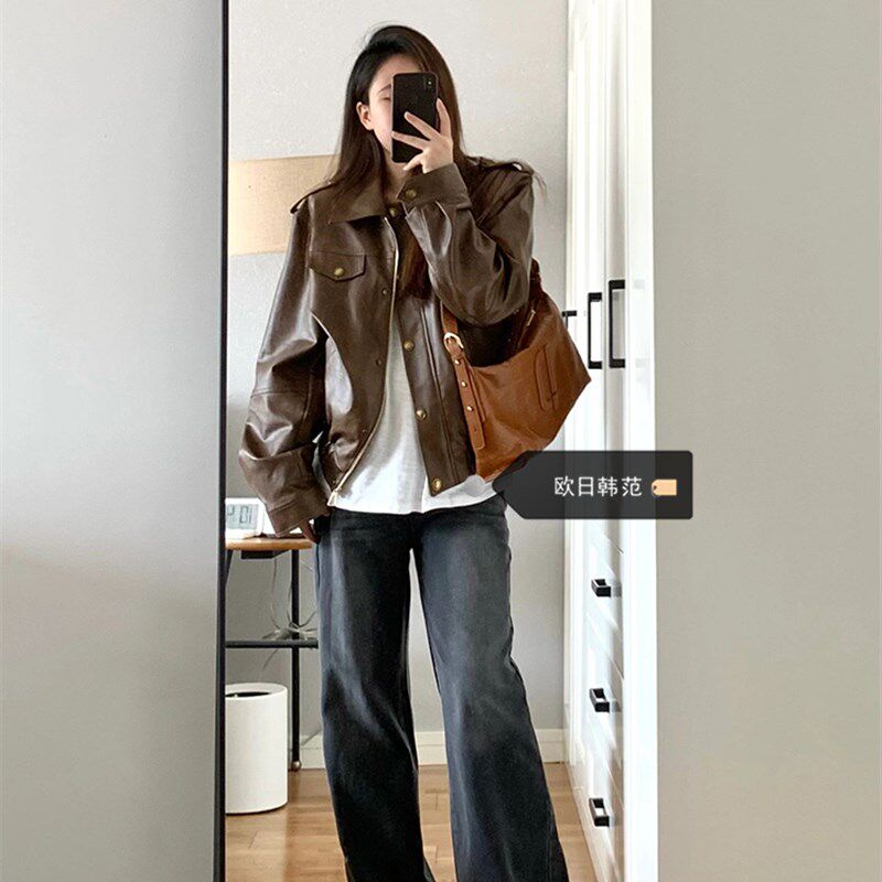 大码时尚套装女美式复古阔腿牛仔裤+酷帅pu皮衣外套机车夹克上衣