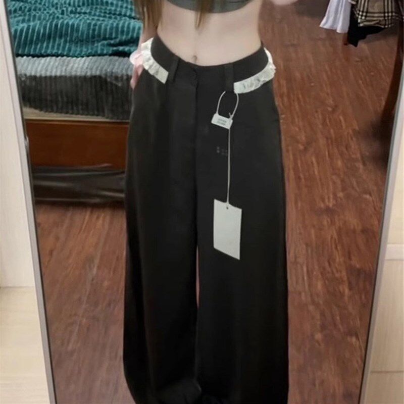 灰色蕾丝花边西装阔腿裤子女宽松bf慵懒风垂坠感高腰直筒休闲长裤