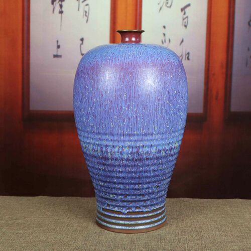 河南钧瓷花瓶全手工手拉t坯传统李亚飞炭烧陶瓷插花器台面梅瓶摆