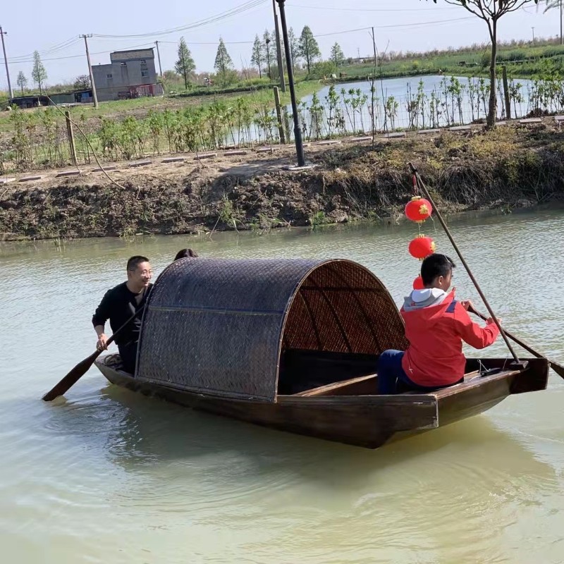 仿古乌篷船户外实木p木船下水观光餐饮装饰景观摄影道具单蓬渔船