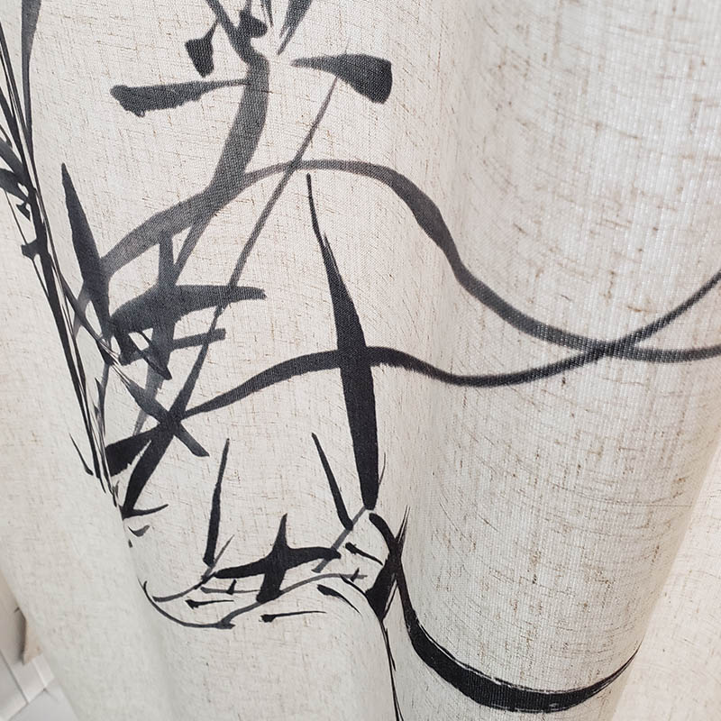 中式日式门帘亚麻布艺厨房定制伸缩杆F卧室水墨梅兰免打孔穿杆短