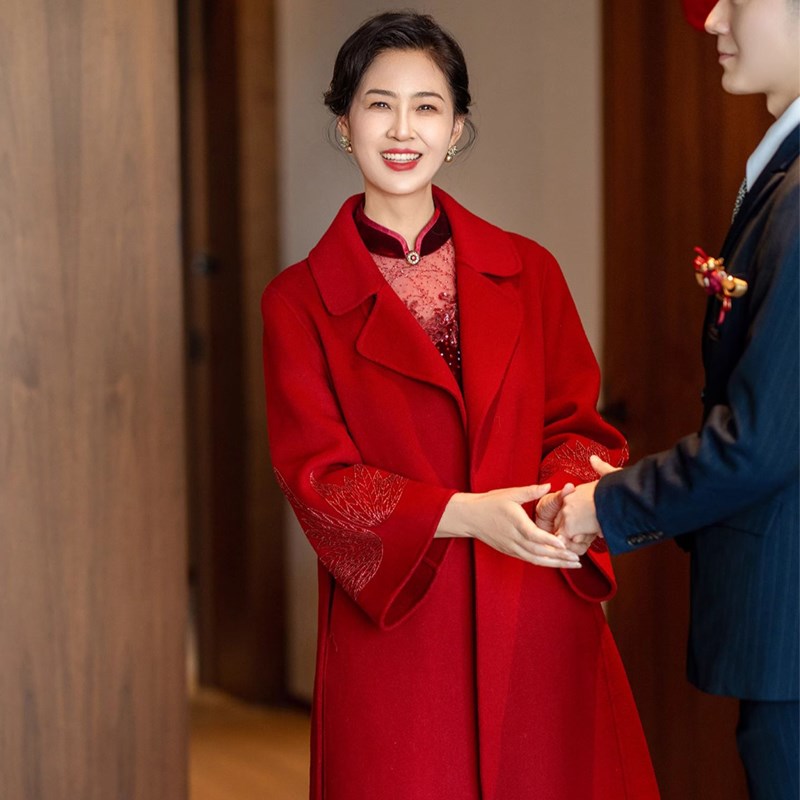 喜妈妈婚宴礼服红色羊毛呢大衣喜婆婆中长款外套高级感平日可穿