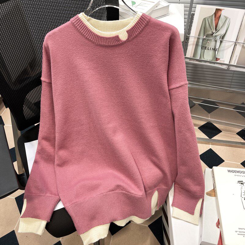 胡子叔大码秋冬季假两件毛衣女胖mm复古慵懒风外穿针织衫小众内搭